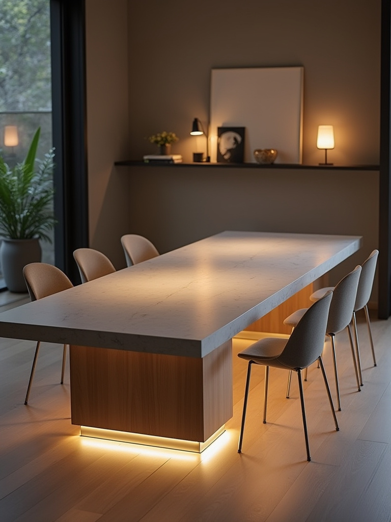 Modern dining room with integrated task lighting recessed beneath the dining table edges illuminating the surface