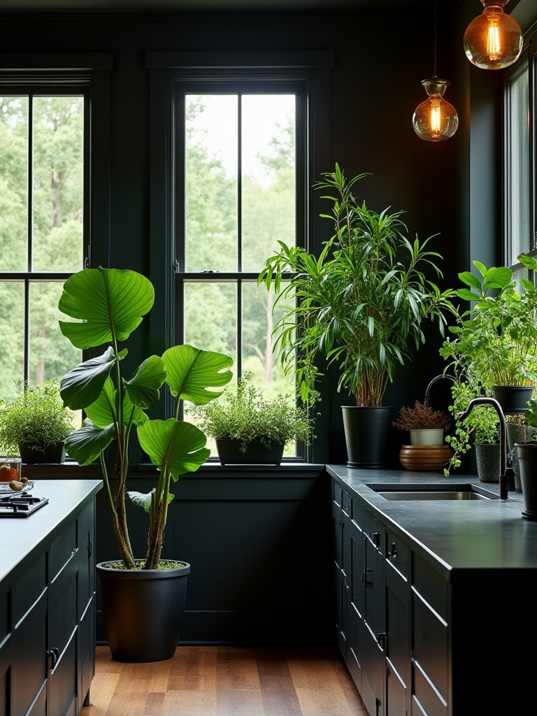 Modern black kitchen with lush green plants including fiddle-leaf fig, snake plant, and hanging pothos planters adding life and freshness