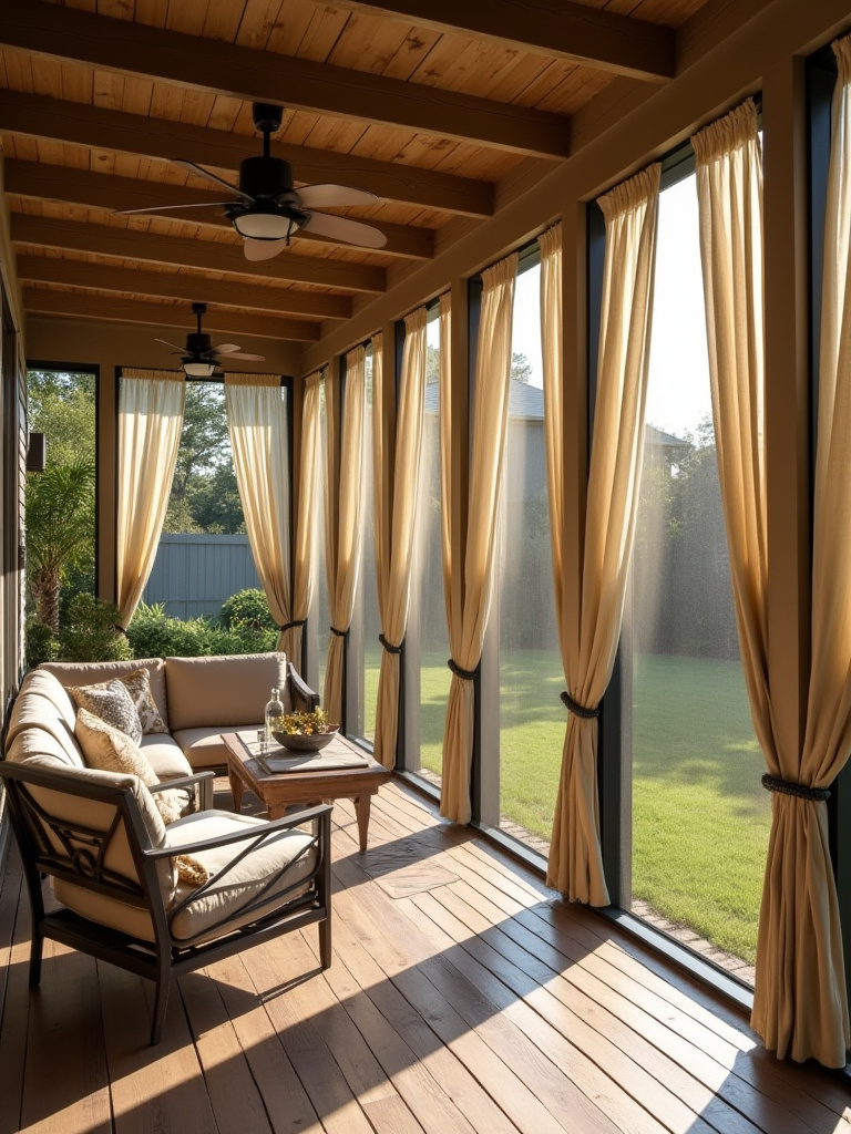 Backyard porch with retractable screens and curtains deployed for privacy, no people, natural lighting
