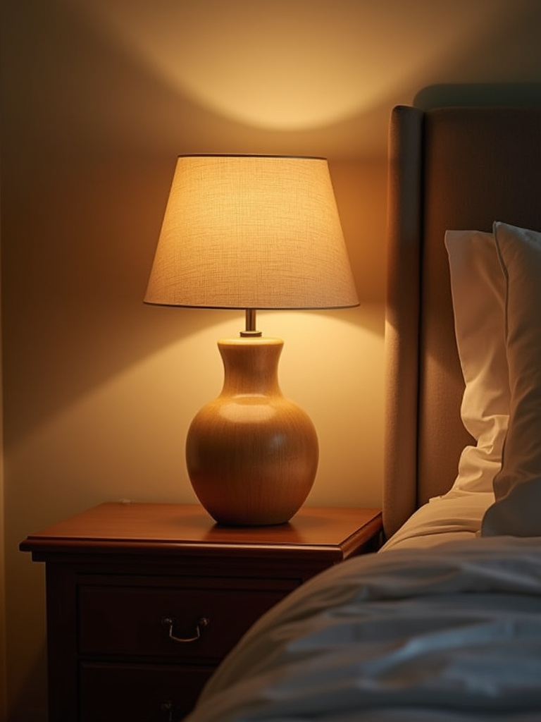 Cozy bedroom bedside table with a warm glowing table lamp featuring a fabric shade