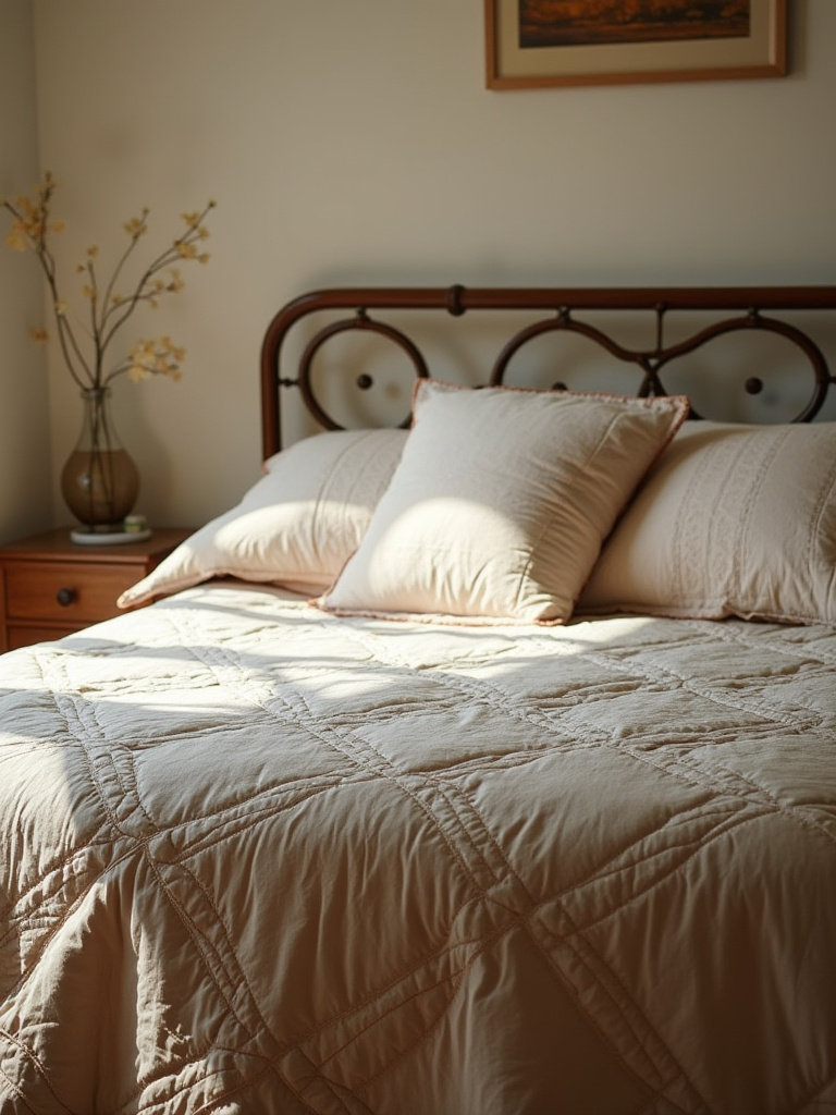Traditional cozy bedroom with a quilted bedspread adding warmth and texture on a neatly made bed, softly lit by natural light