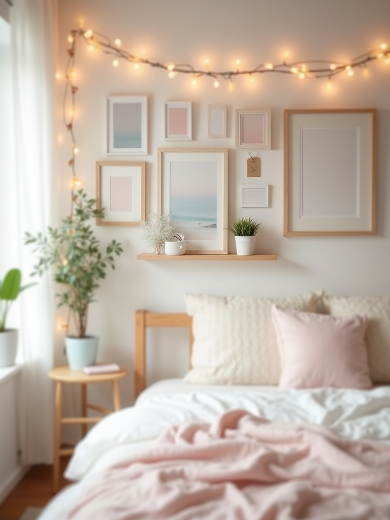 Pastel-toned bedroom wall with a cohesive gallery of cute artwork and photo displays, string lights, and a small plant on a shelf.
