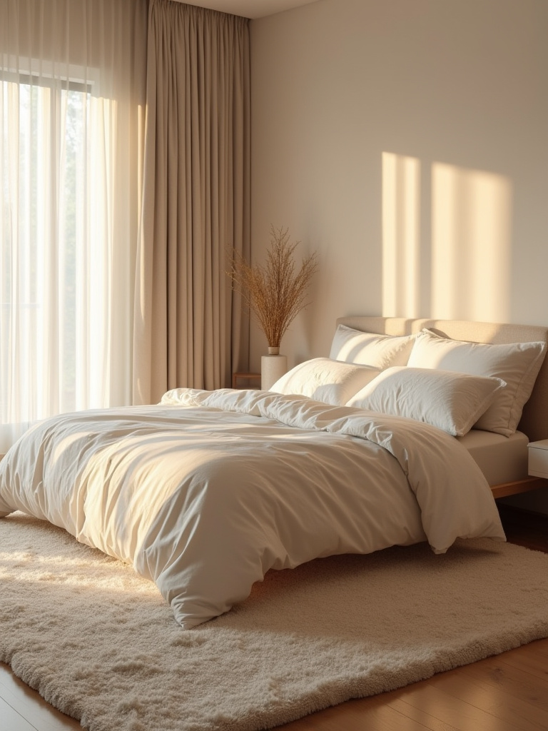 Cozy bedroom with a plush area rug anchoring the bed and nightstands, warm inviting textures.