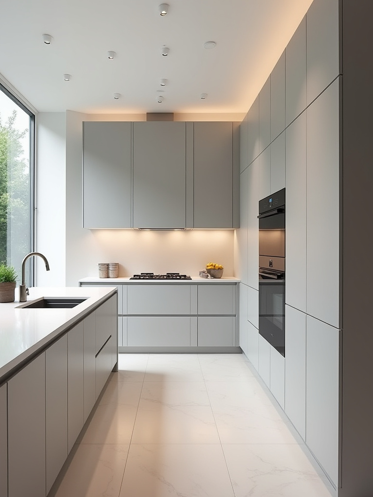 Vertical shot of a modern kitchen with flush-panel built-in appliances and seamless cabinetry.