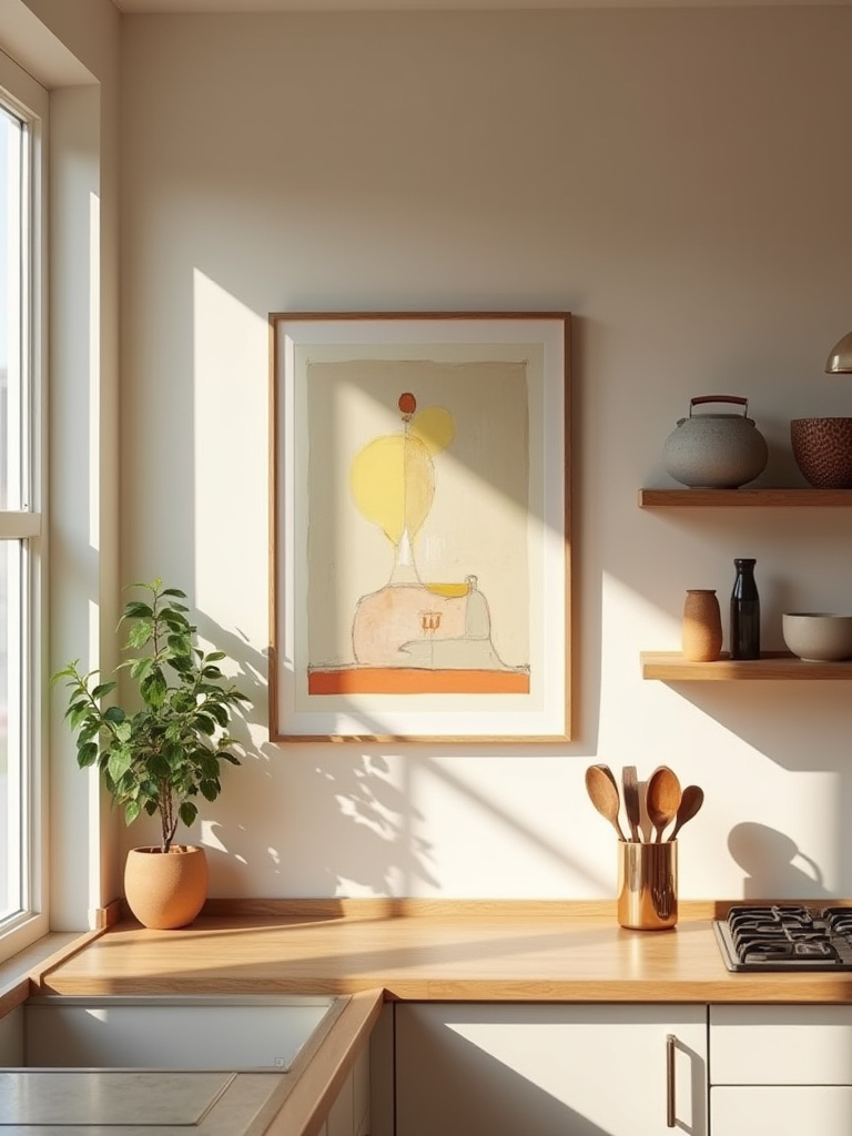 Portrait-oriented kitchen display with a bold painting and floating shelves of ceramics, warm lighting, no people