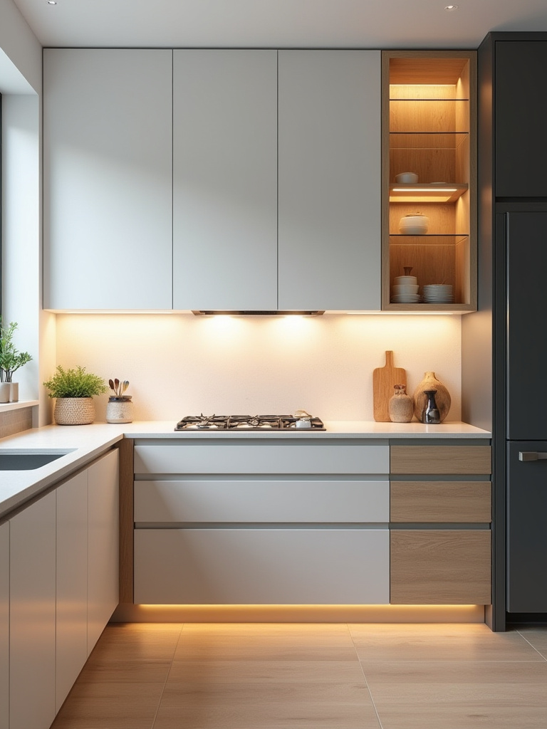 Vertical kitchen photo showing mixed cabinet finishes and under-cabinet lighting illustrating light distribution and shadow areas