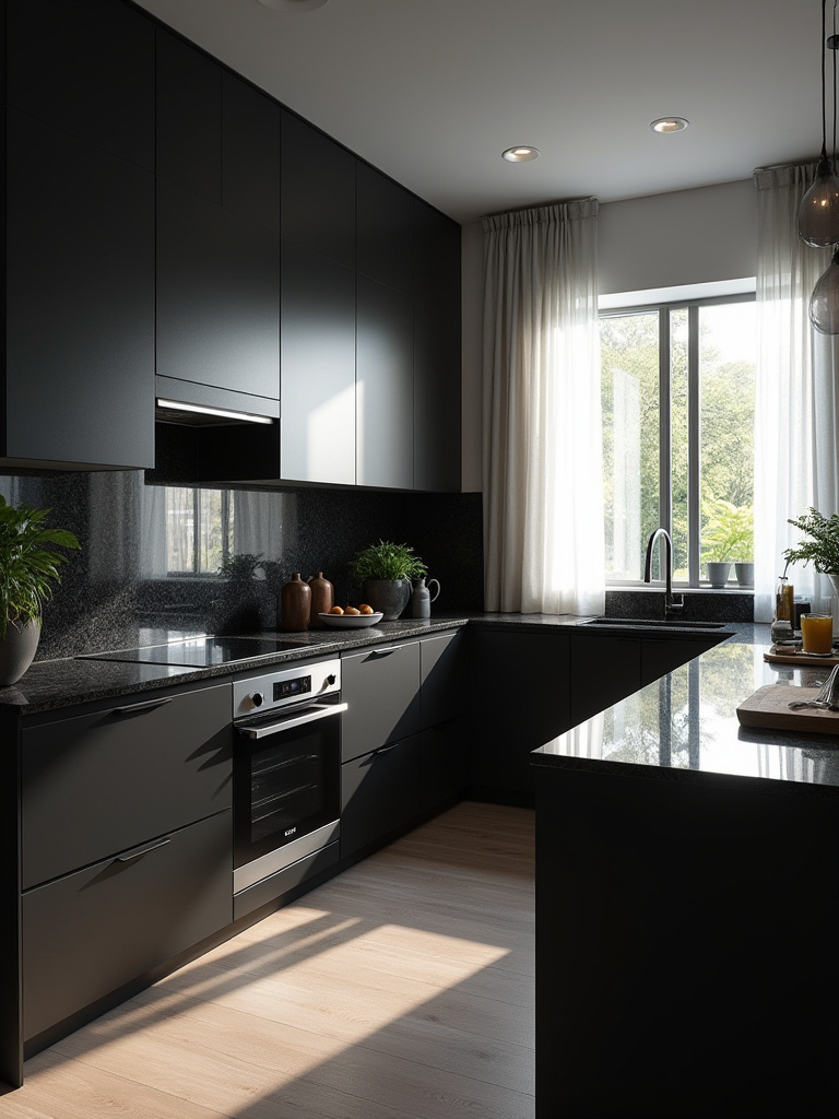 Modern black kitchen interior with natural light highlighting textures and depth of black cabinetry and reflective surfaces