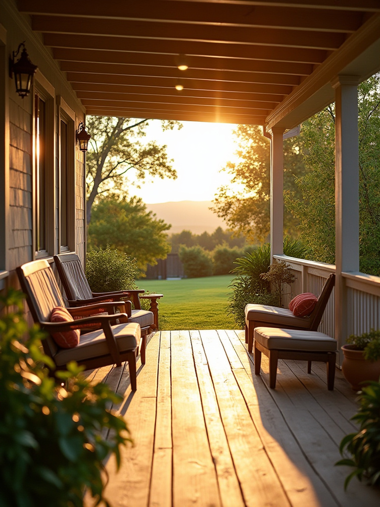 Backyard porch bathed in warm sunlight with scenic garden views, showcasing optimal porch location for sunlight and views