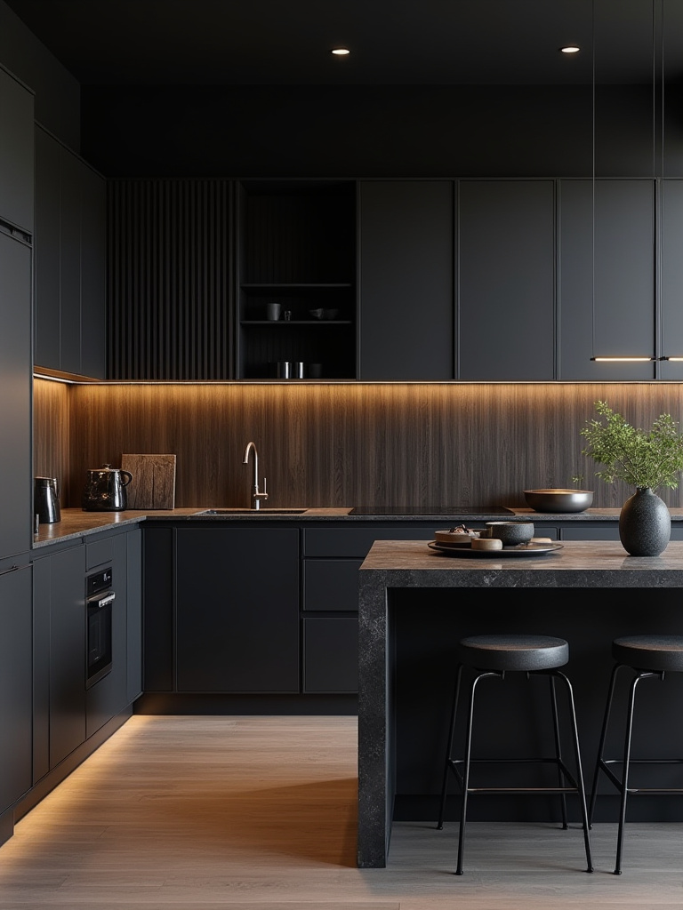 Modern black kitchen with blended matte, gloss, and textured black finishes showcasing cabinetry, island, and accent wall