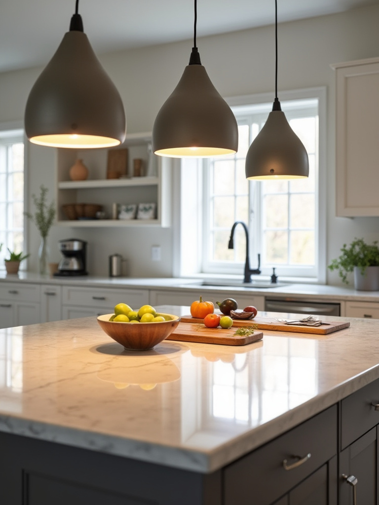 Modern kitchen island lit by three pendant lights casting focused task light over a marble countertop, highlighting clear, even illumination and warm tones.