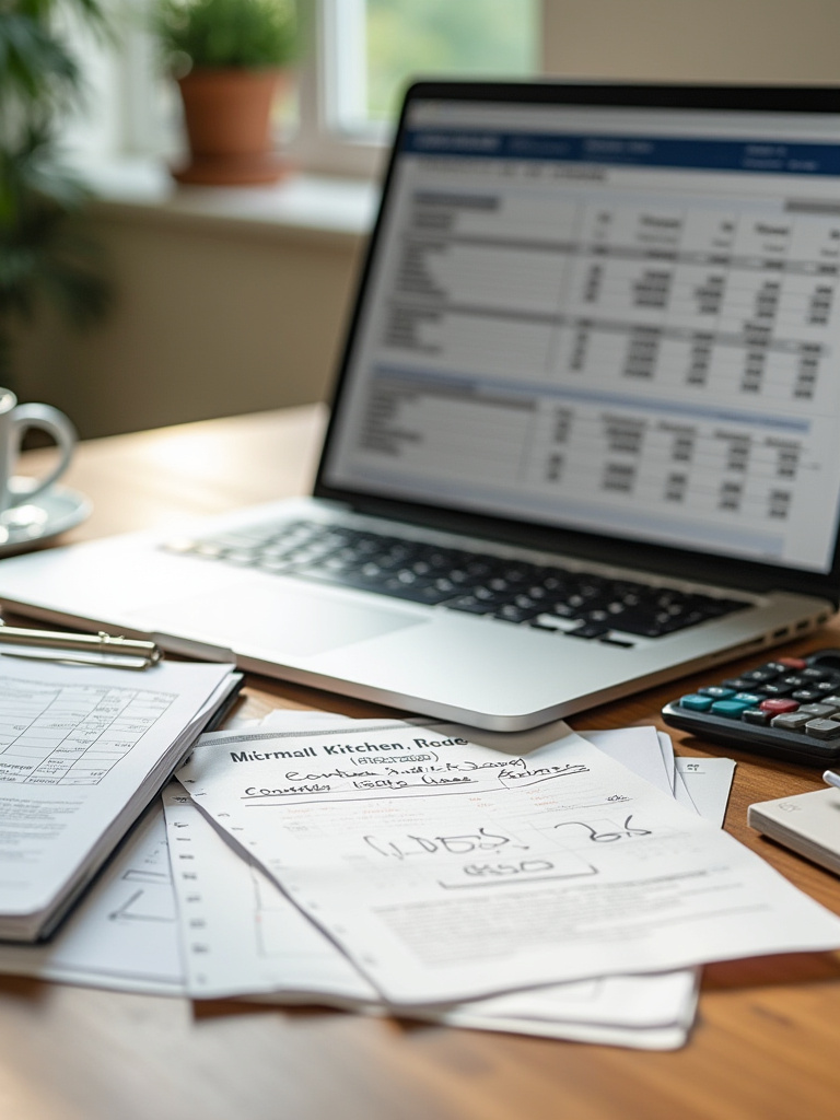 Organized small kitchen remodel budgeting workspace with laptop, calculator, and detailed cost breakdown on wooden desk