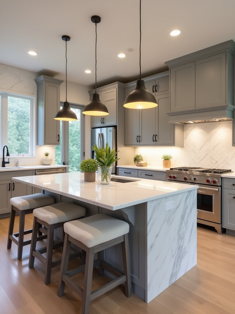Vertical photo of a modern kitchen showing warm pendant light over island, neutral recessed lights, and cool under-cabinet task lighting illustrating calibrated color temperatures