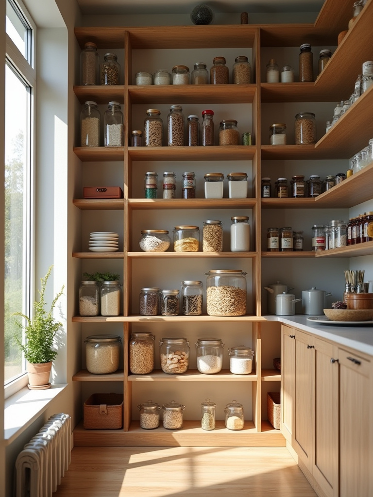Neatly organized pantry shelves with zoned categories and clear containers