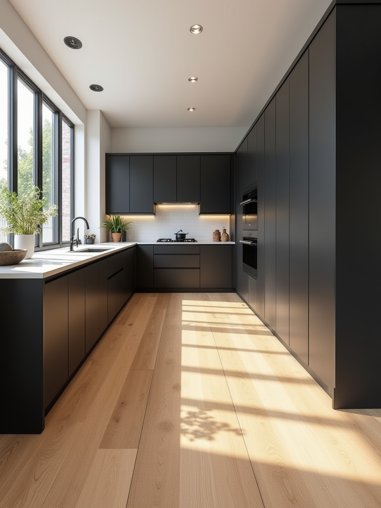 Modern kitchen with dark cabinetry and light cohesive flooring materials, showcasing contrast and balance
