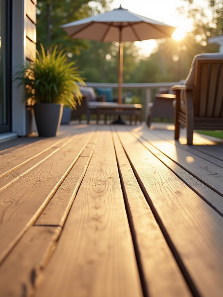 Backyard porch with durable composite and PVC decking materials in golden hour light, showcasing long-lasting quality