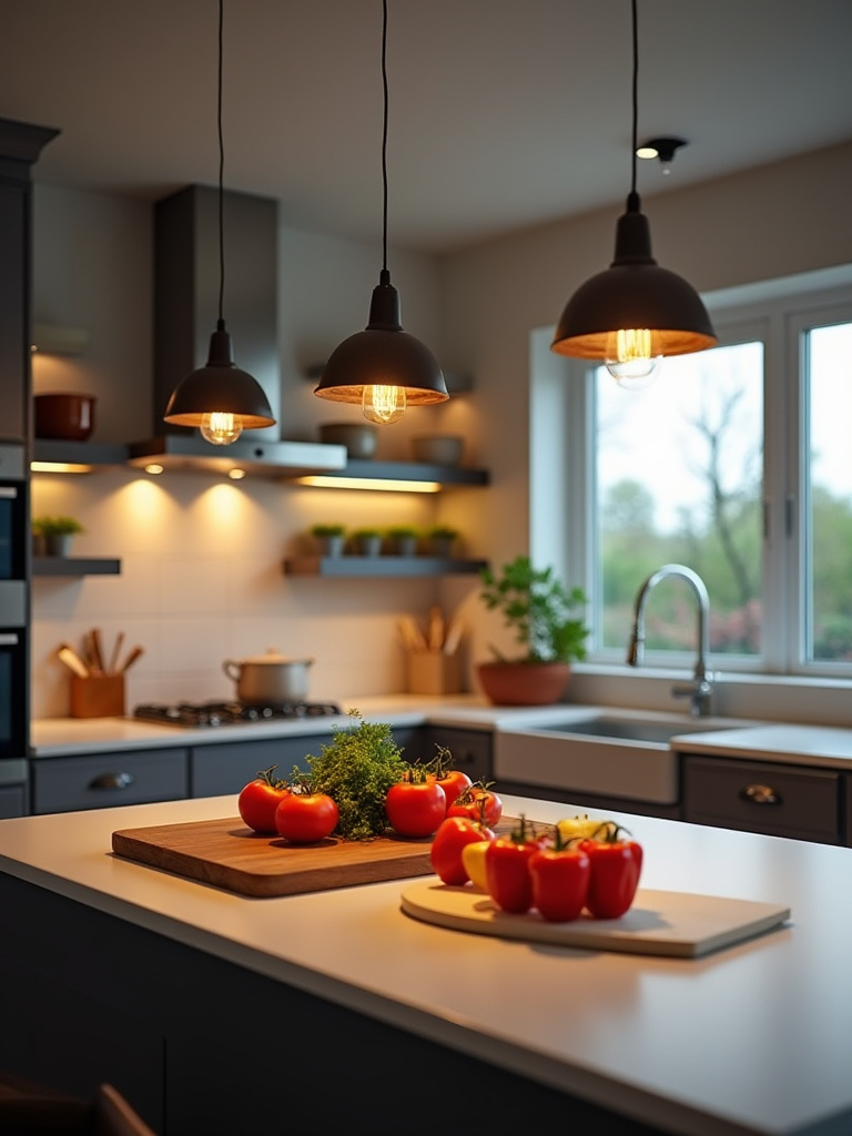 Vertical photo of modern kitchen with layered LED lighting — pendants, under-cabinet strips, and recessed LEDs illuminating vivid produce on island