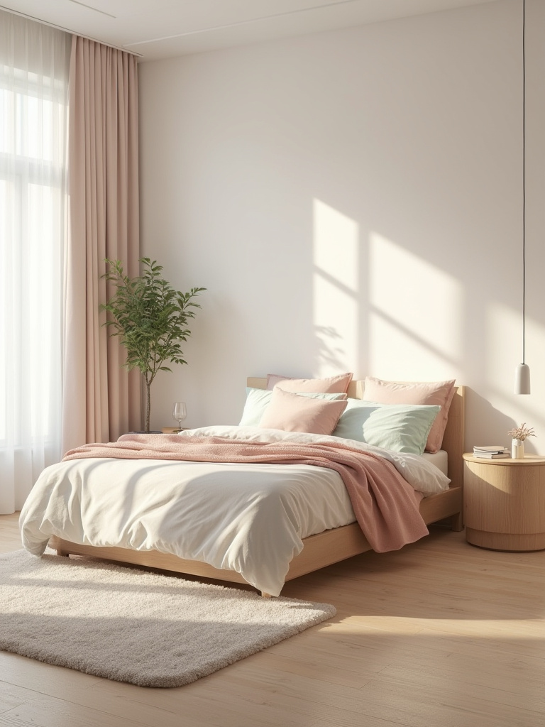 Portrait view of a cute bedroom with curved light wood furniture, pastel tones, and a soft, airy feel.