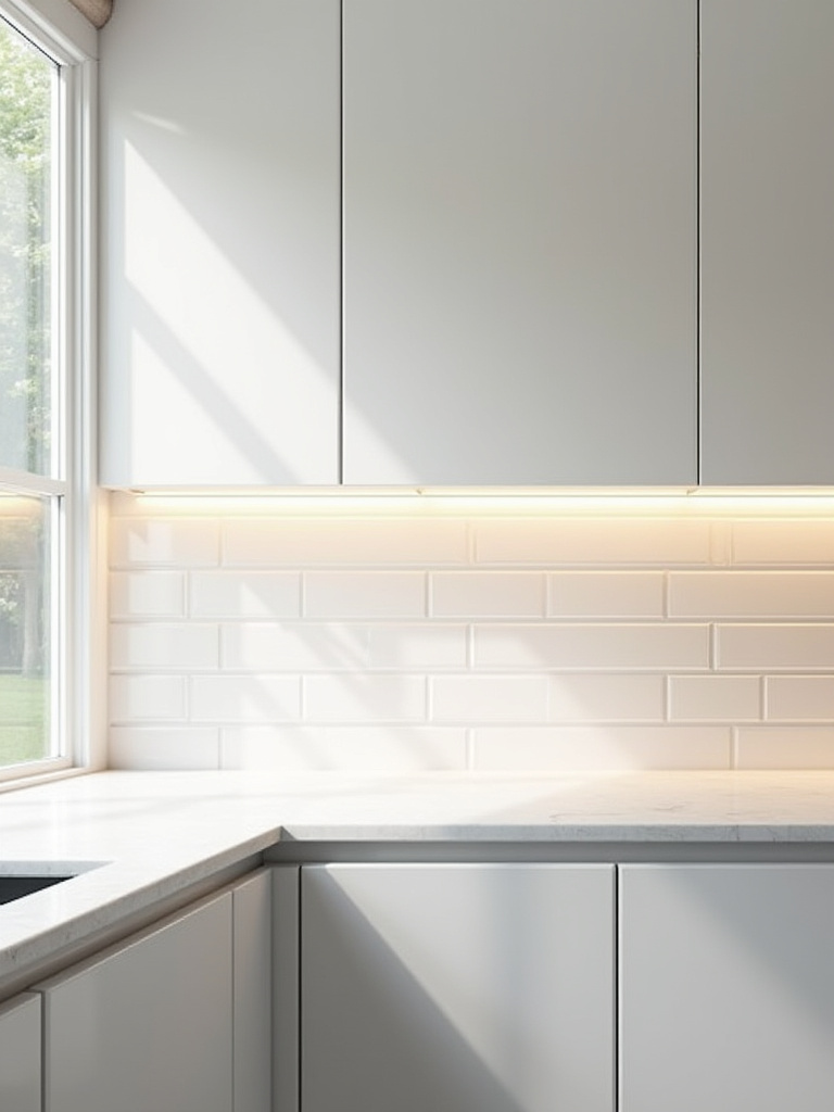 Small modern kitchen with glossy white subway tile backsplash and polished quartz countertops reflecting natural light