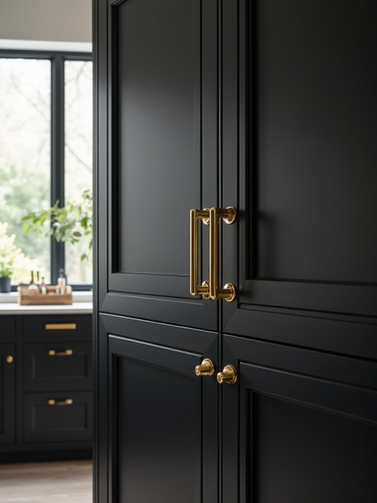 Modern black kitchen cabinets with polished brass hardware creating sophisticated metallic contrast
