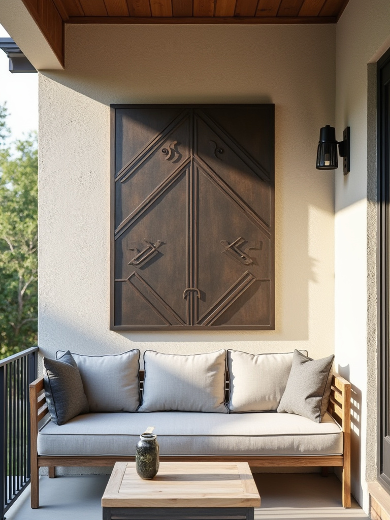 Backyard porch with stylish laser-cut metal wall art on stucco wall, no people