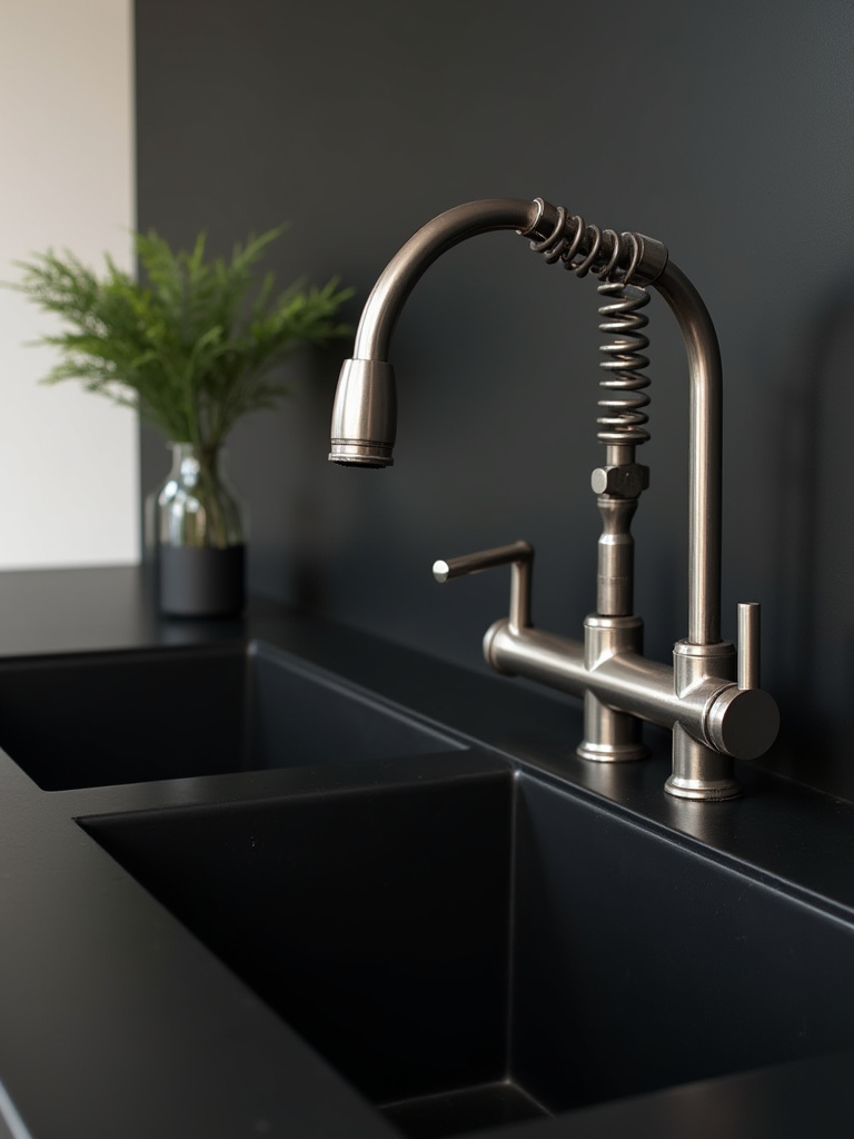 Unique industrial-style faucet in brushed stainless steel as a focal point in a sleek black kitchen sink area