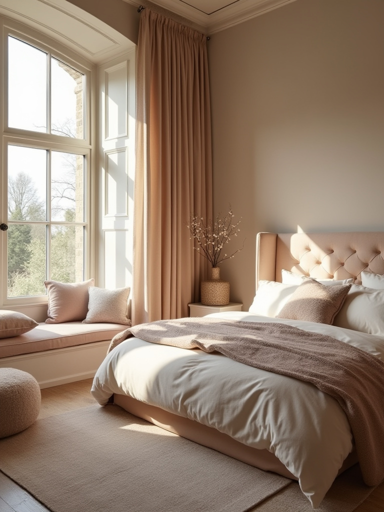 Vertical photo of a cozy bedroom with an upholstered headboard, bouclé chair, and ottoman in warm neutrals