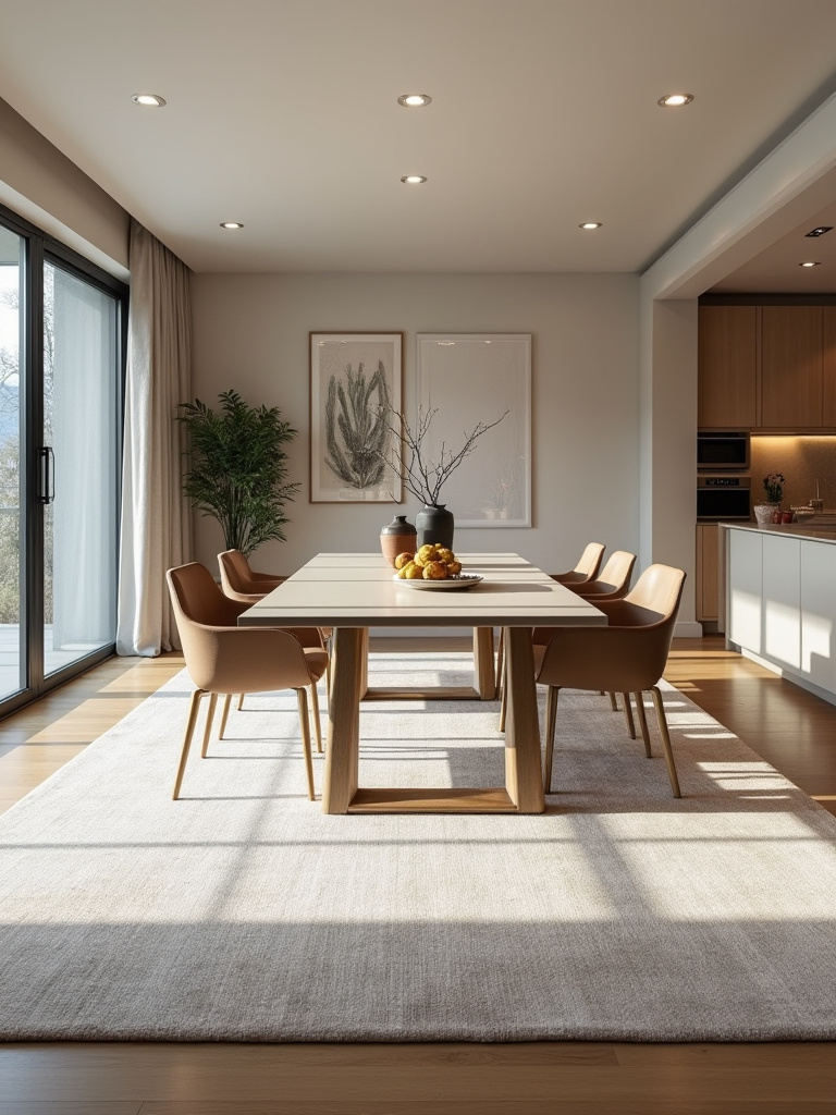 Modern dining room with a neutral low-pile rug centered under a sleek dining table and chairs, defining and grounding the space
