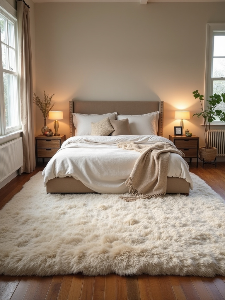 Cozy bedroom with a soft, full-room area rug covering the floor beneath a bed, showcasing warmth and sound muffling benefits