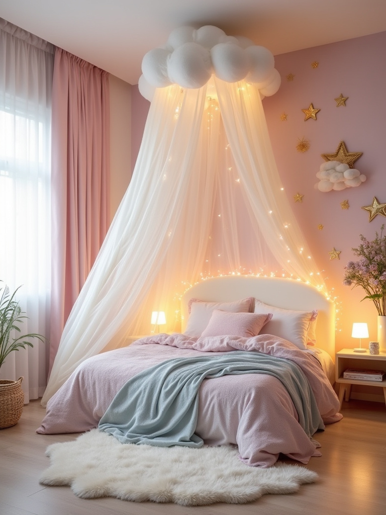Vertical portrait of a cute bedroom with a unifying whimsical theme, featuring a canopy bed, pastel colors, cloud and star accents, and warm lighting.