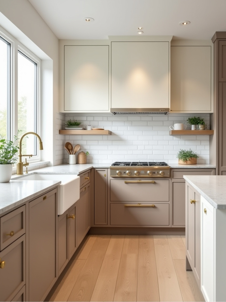 Modern kitchen demonstrating color palette cohesion across cabinets, countertops, flooring, and lighting.