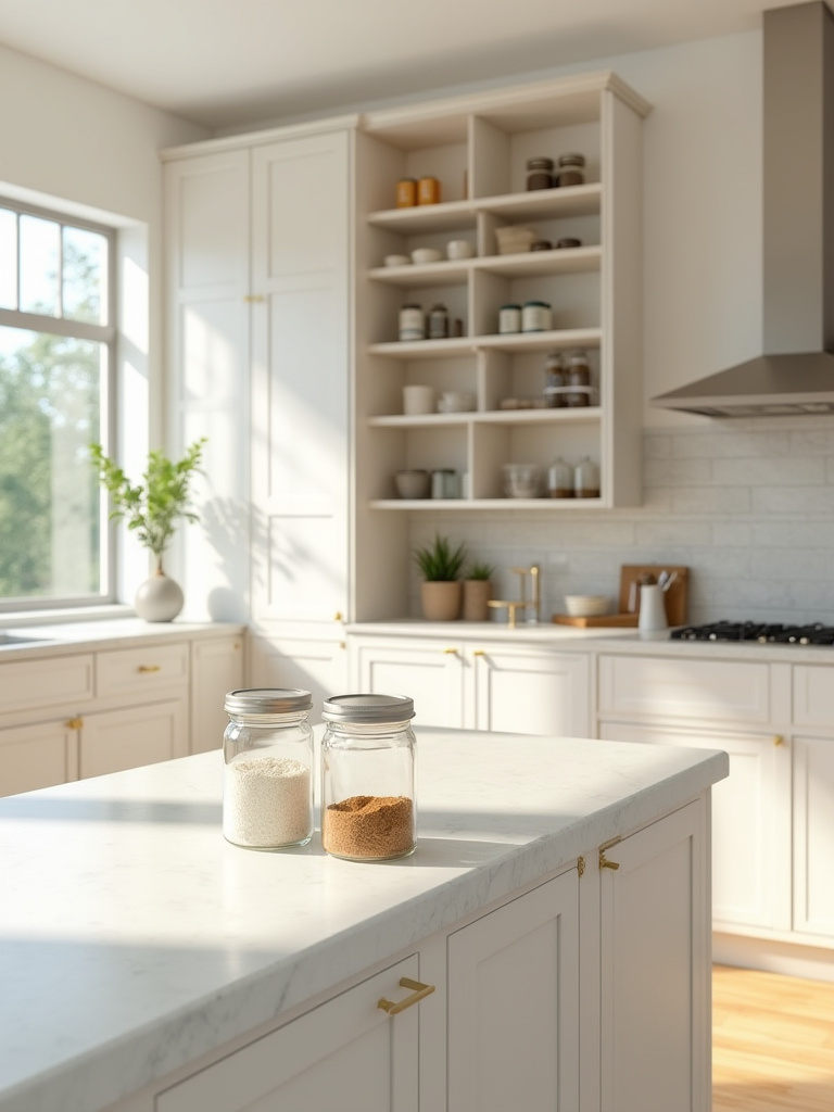 Modern kitchen island organized for a pantry inventory audit with unlabeled jars and clean surfaces.