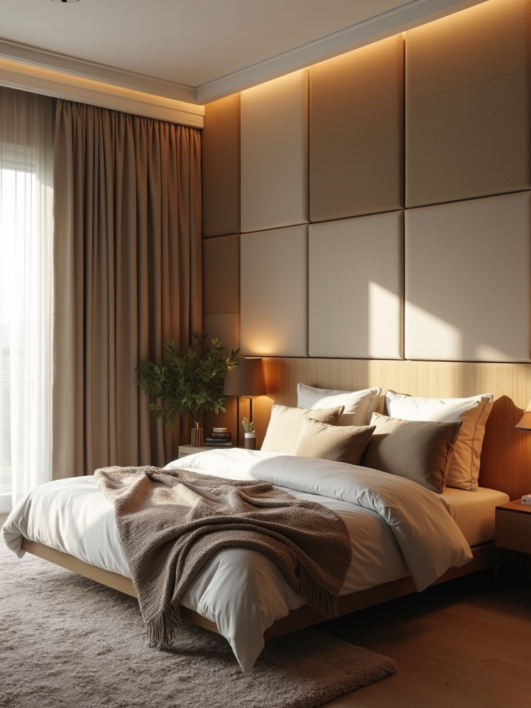 Portrait of a cozy bedroom corner with fabric acoustic panels on the wall behind a plush bed, warm lighting, and soft textures; empty room.