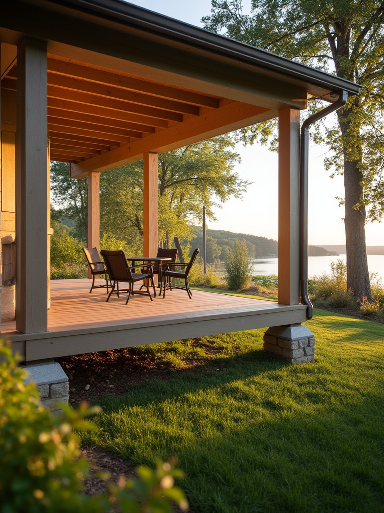 Backyard porch with elevated foundation on concrete piers overlooking a scenic lake during golden hour