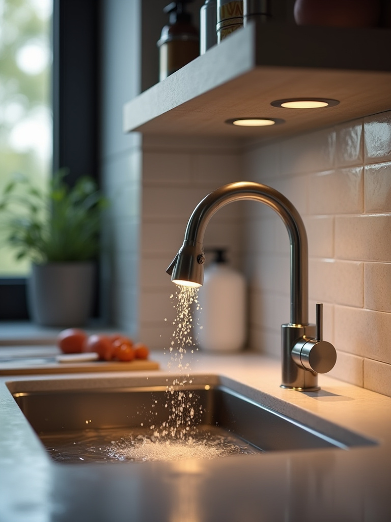 Portrait view of a kitchen sink with a sealed wet-rated recessed light above, water droplets on stainless faucet and glossy sink surface, warm task lighting