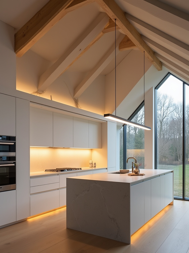 Vertical photo of a double-height kitchen showing layered recessed, uplight and pendant lighting integrated into a complex architectural layout