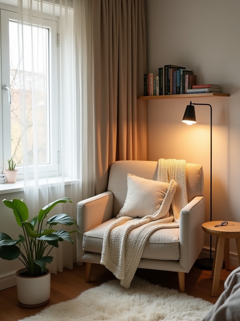 Bedroom reading nook with chair, throw, lamp, and books