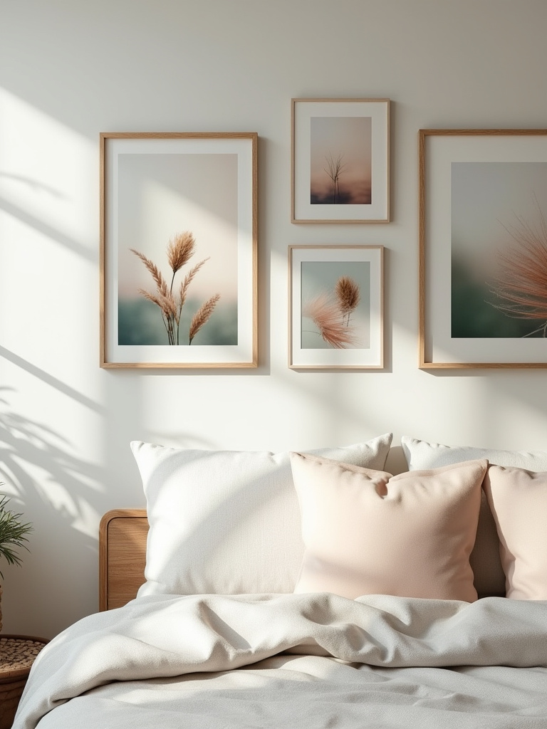 Cozy bedroom wall with curated calming art prints promoting peace and serenity in muted tones and minimalist frames