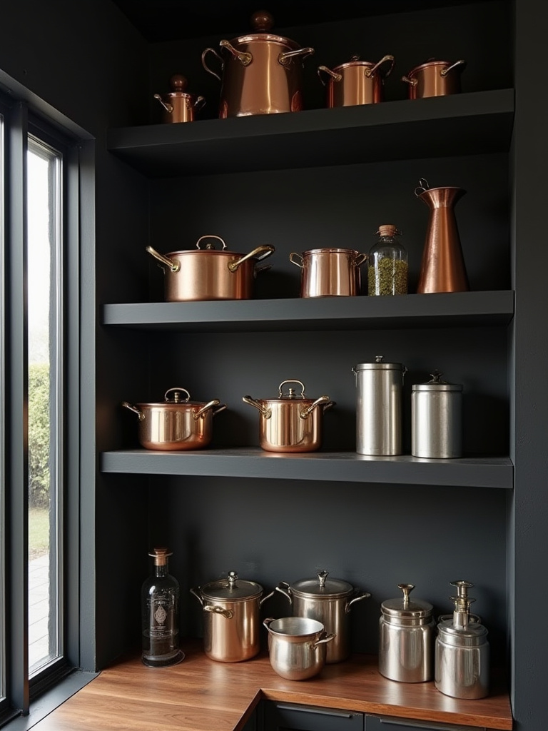 Black kitchen open shelving with brass, copper, and stainless steel metallic objects artfully arranged