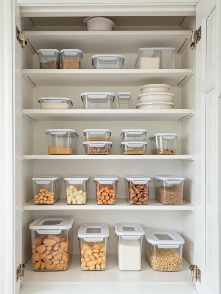 Portrait view of a neatly organized pantry with uniform airtight containers on shelves.