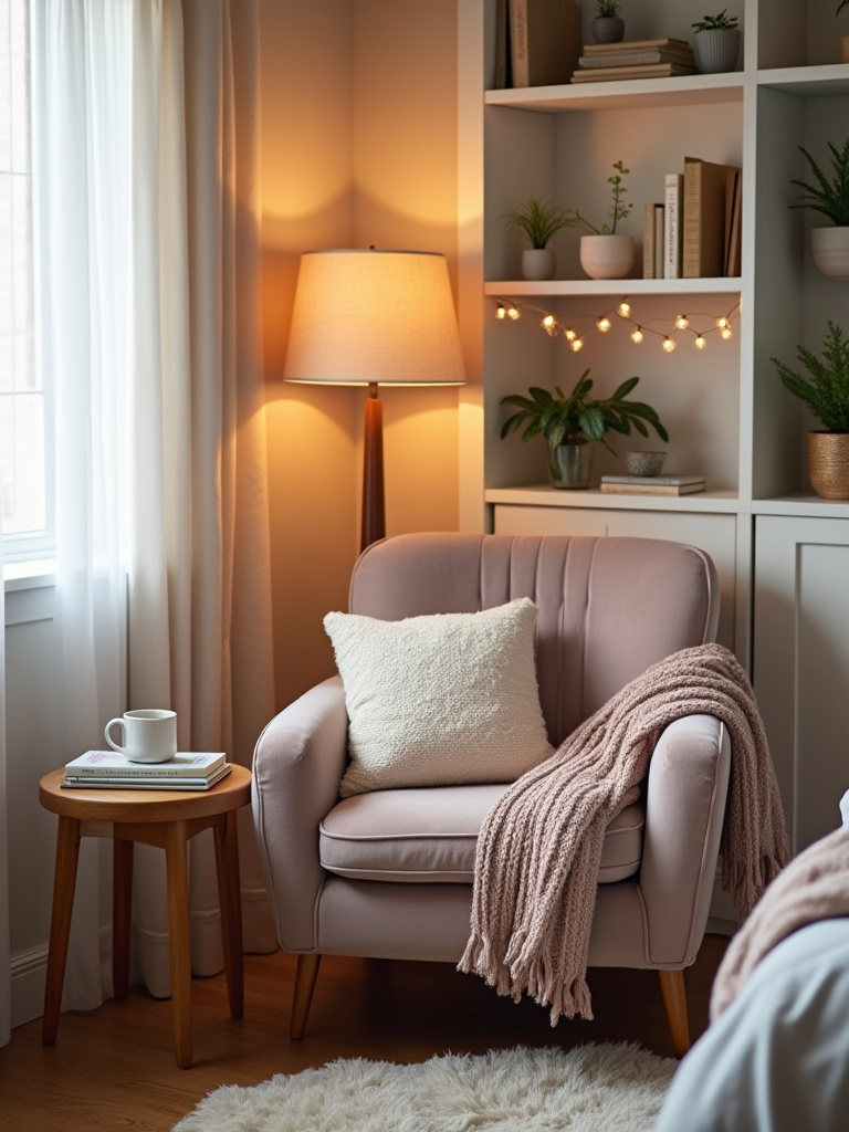 Vertical view of a cozy reading corner in a cute bedroom with plush chair, warm lamp, and shelves.