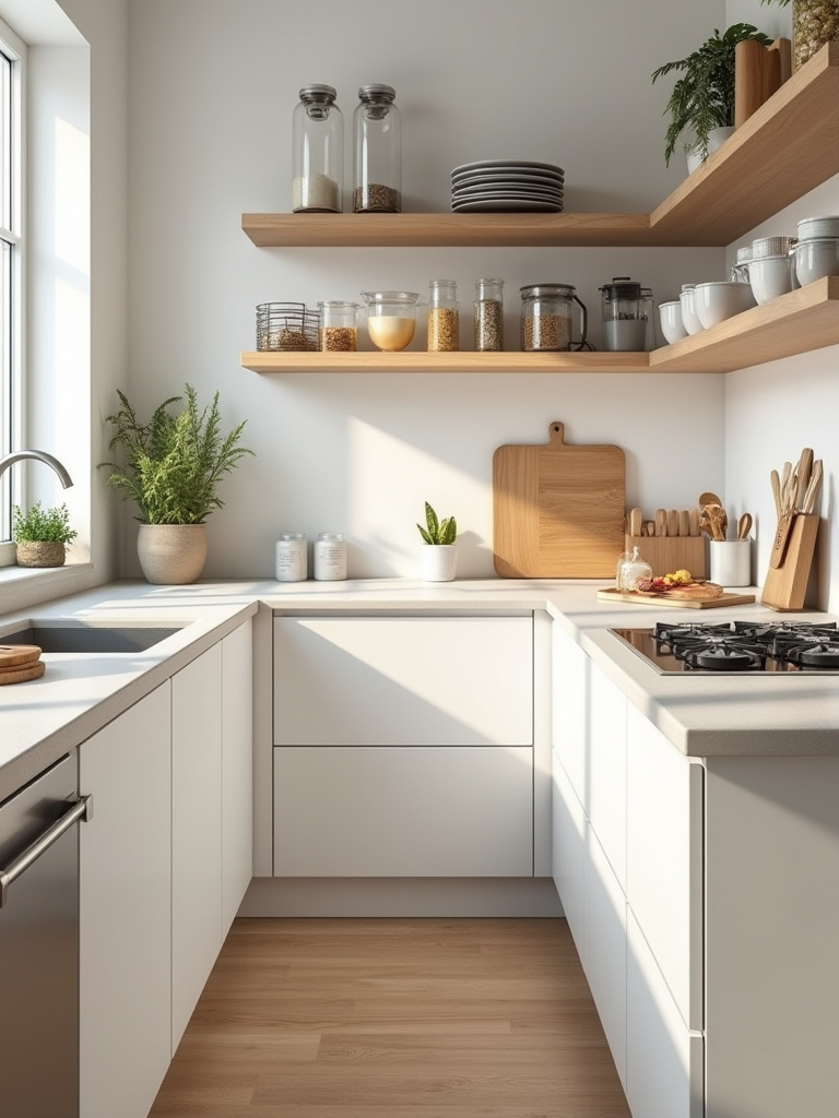 Organized kitchen with clearly defined storage zones for baking, prep, and dishware near their corresponding stations.
