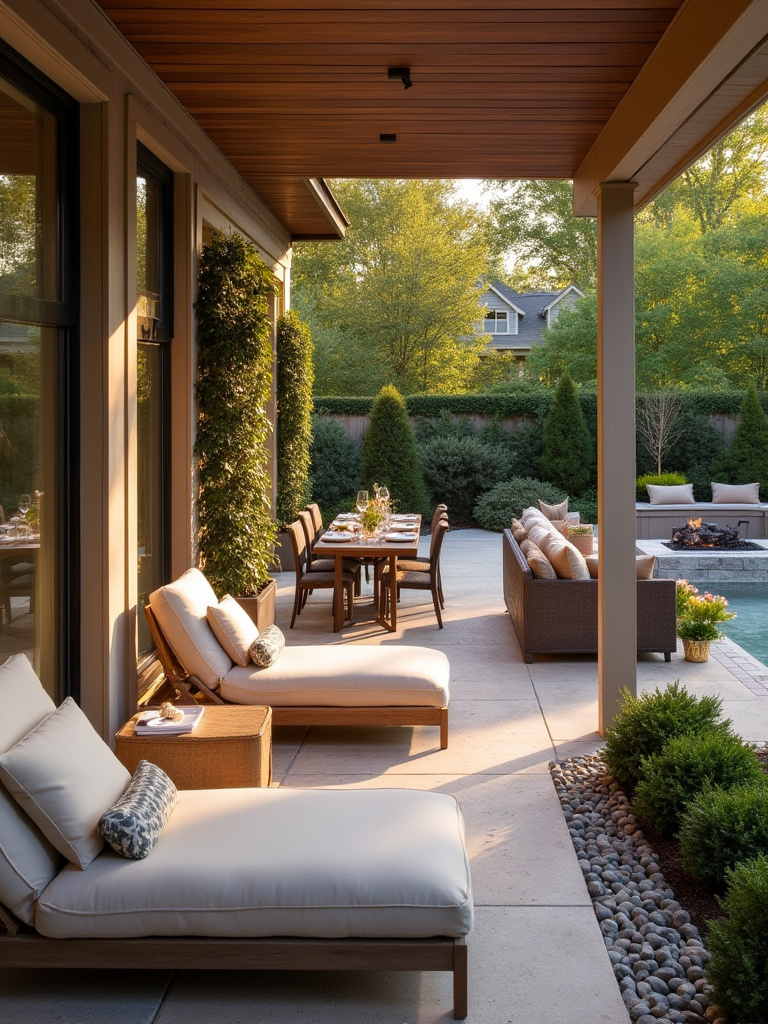 Backyard porch with relaxation, dining, and entertainment zones in a warm golden hour light, no people