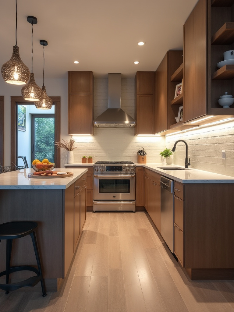 Modern kitchen portrait showing layered lighting with distinct prep, cooking, sink, island, and pantry zones illuminated by task, ambient, and accent fixtures