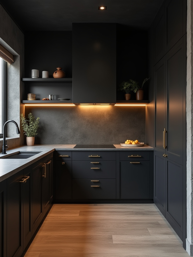 Black kitchen interior blending modern, classic, and industrial design elements with matte black cabinetry and warm lighting