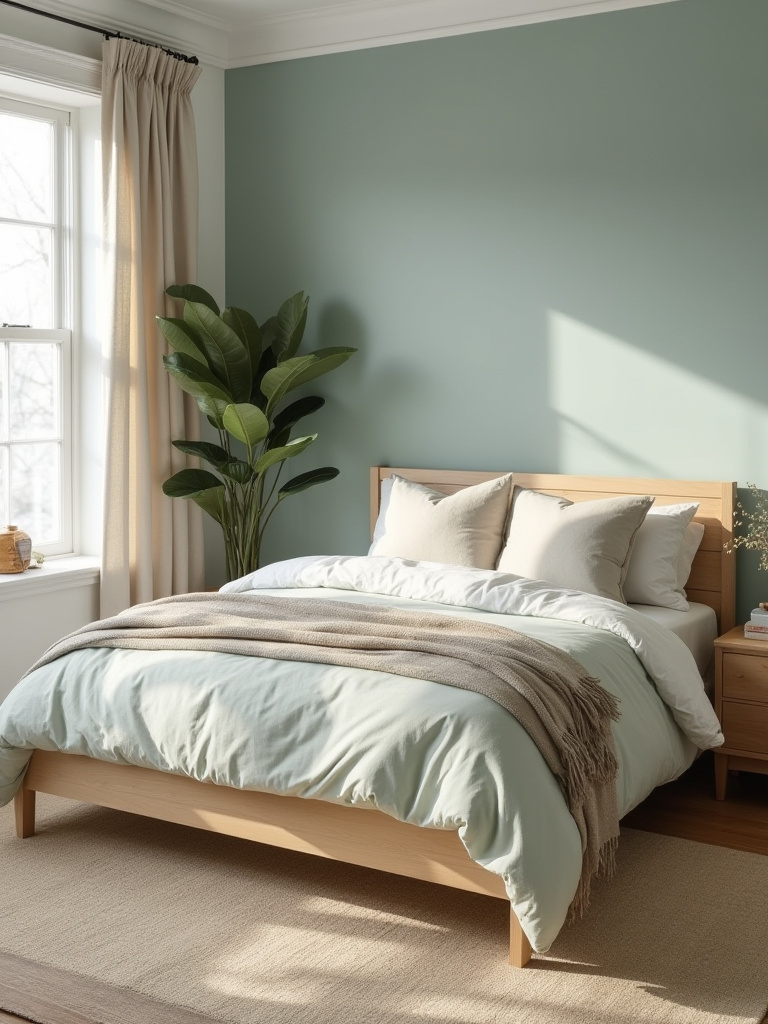 Vertical bedroom photo showcasing a calming color palette with blue-gray walls, sage accents, and natural textures.