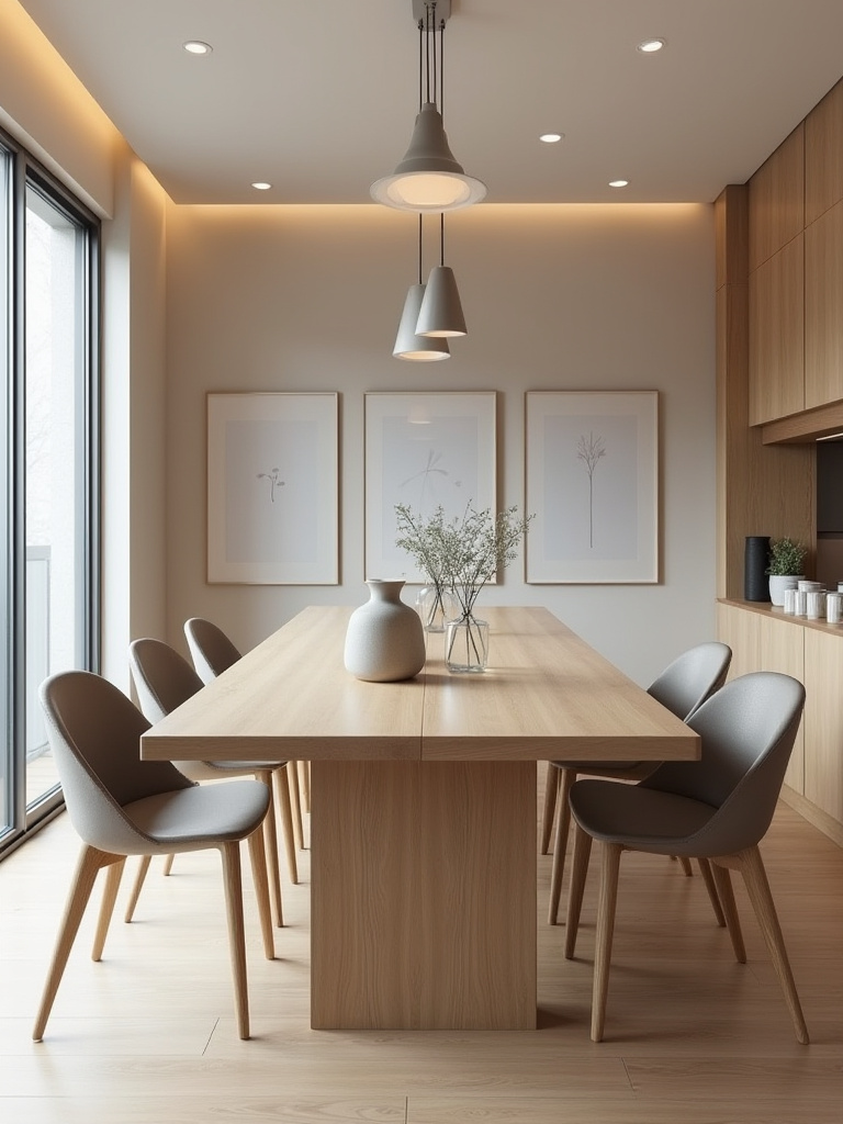 Modern dining room interior with light wood dining table and cohesive minimalist design, no people