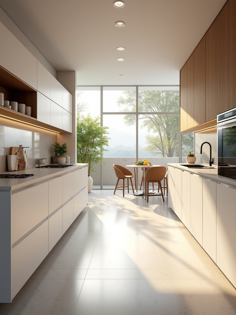 Modern kitchen portrait showing distinct work zones and footprint concepts integrated into a single space, no people.