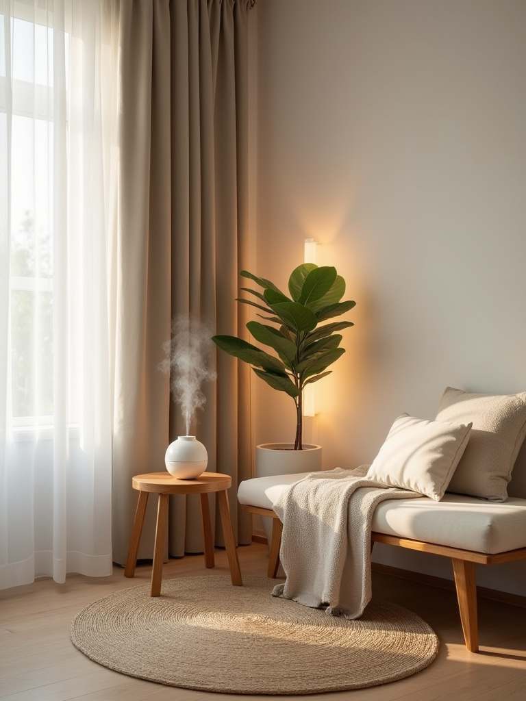 Vertical shot of a tranquil in-room wellness corner in a bedroom with a wooden bench, cushion, throw, diffuser, and a plant bathed in warm diffused light.