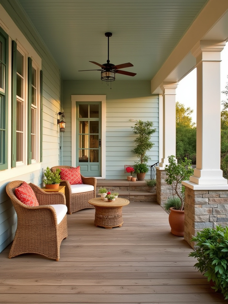 Inviting backyard porch with a harmonious color palette featuring soft neutrals, muted greens, warm red accents, and a light blue ceiling