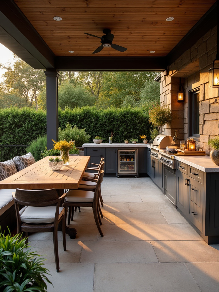 Outdoor dining and bar area on backyard porch with wooden table, bar counter, and ambient lighting
